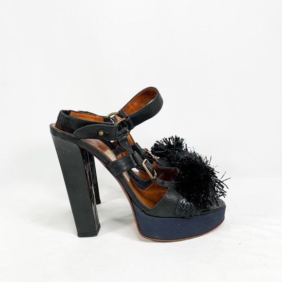 LANVIN Black Lametta Peep Toe Buckle Sandal Pumps - Picture 7 of 11
